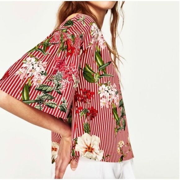 Zara - Floral Stipe V Back with Tie - Flare Sleeve Top sz XS - Picture 2 of 8